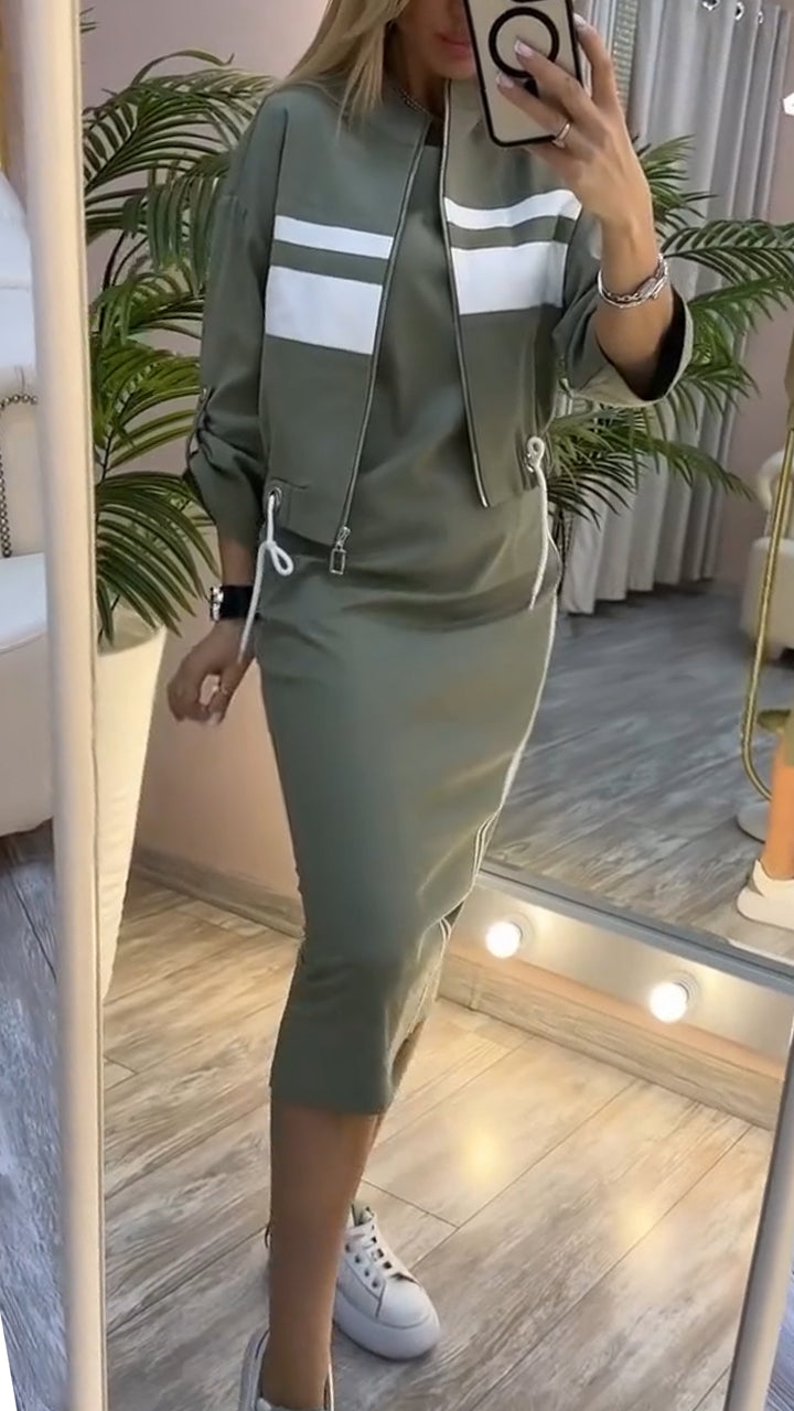 Evelina | Damski Zestaw: Casualowa Kurtka i Sukienka z Okrągłym Dekoltem