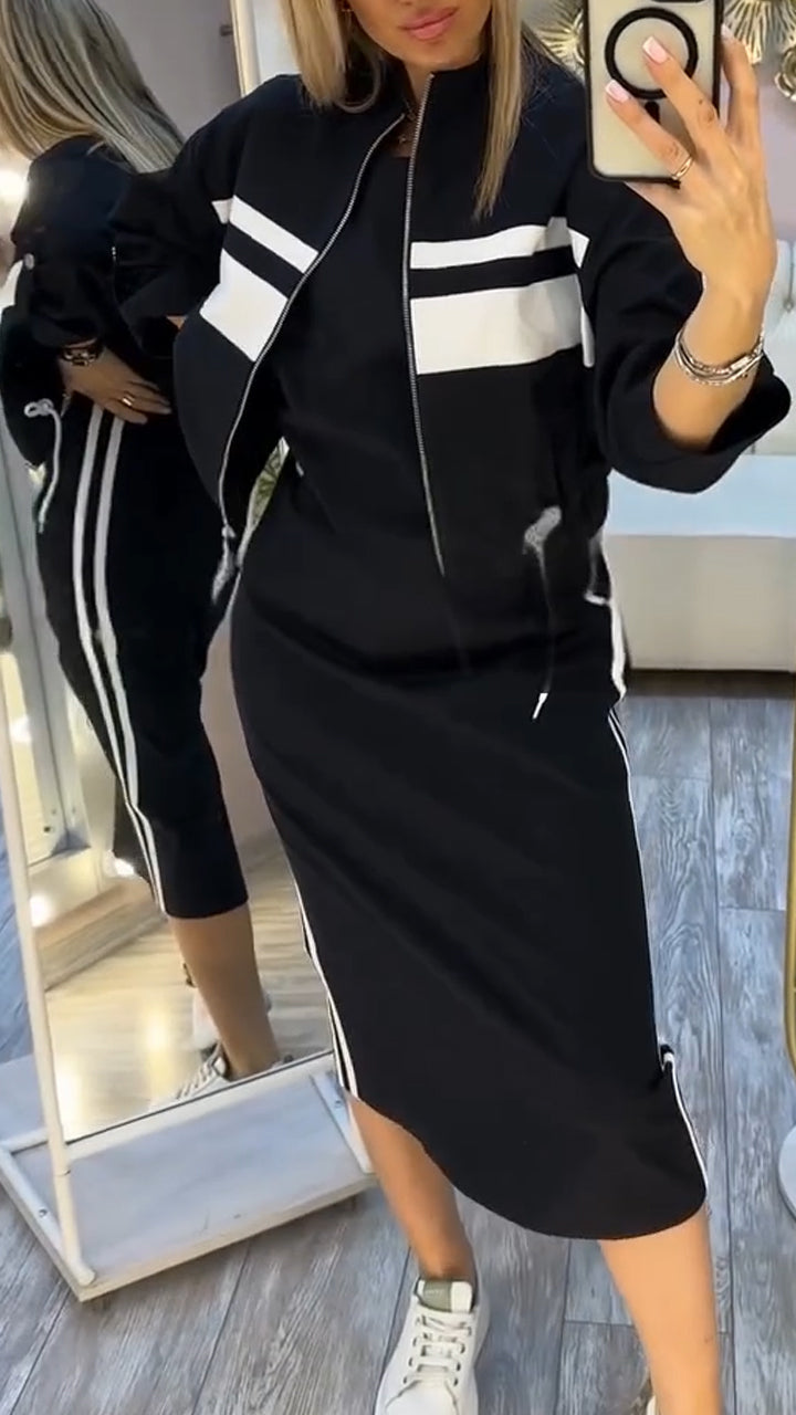 Evelina | Damski Zestaw: Casualowa Kurtka i Sukienka z Okrągłym Dekoltem