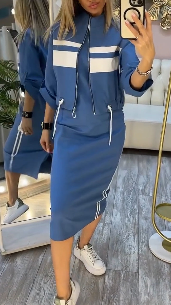 Evelina | Damski Zestaw: Casualowa Kurtka i Sukienka z Okrągłym Dekoltem